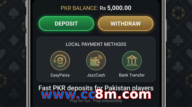 Deposit and withdrawal screen with PKR methods